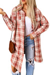 Fiery Red Plaid Print Button Long Shacket-Outerwear-MomFashion