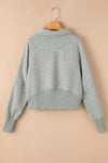 Gray Zip Up Stand Collar Ribbed Thumbhole Sleeve Sweatshirt-Tops-MomFashion