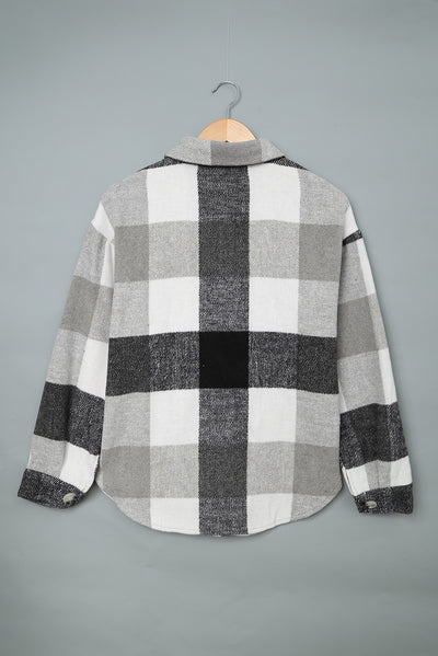 Gray Plaid Color Block Buttoned Long Sleeve Jacket with Pocket-Outerwear-MomFashion