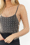 Apricot Pearl and Rhinestone Detail Sheer Mesh Top-Tops-MomFashion