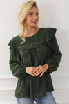 Blackish Green Lace Eyelet Ruffle Shoulder Long Sleeve Blouse-Tops-MomFashion