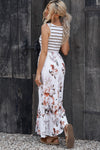 White Striped Floral Print Sleeveless Maxi Dress with Pocket-Dresses-MomFashion