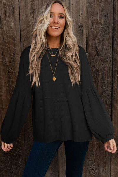 Black Faux Knit Jacquard Puffy Long Sleeve Top-Tops-MomFashion