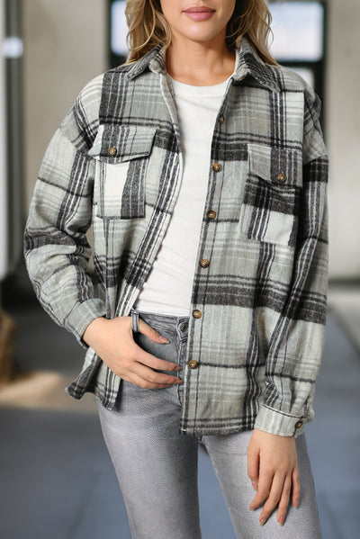 Medium Grey Plaid Flap Pockets Shacket-Outerwear-MomFashion