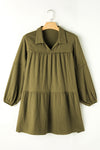 Green Frayed Trim Split Neck Puff Sleeve Flared Dress-Dresses-MomFashion