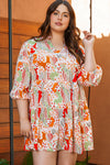 Multicolour Plus Size Mix Floral Puff Sleeve Ruffled Dress-Plus Size-MomFashion