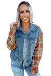 Sky Blue Medium Wash Plaid Sleeves Denim Jacket-Outerwear-MomFashion