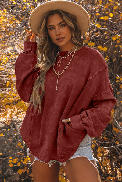 Fiery Red Exposed Seam Twist Open Back Oversized Sweatshirt-Tops-MomFashion