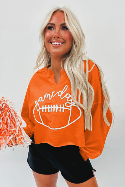 Orange Game Day Lettering Rugby Notched Neck Sweatshirt-Tops-MomFashion