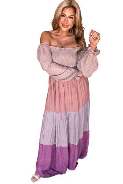 Multicolour Smocked Bubble Sleeve Colorblock Tiered Maxi Dress-Dresses-MomFashion