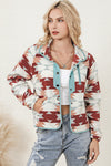 Fiery Red Western Aztec Buttoned Zipper Pockets Fleece Jacket-Outerwear-MomFashion