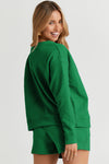 Green Textured Long Sleeve Top and Drawstring Shorts Set-Loungewear-MomFashion