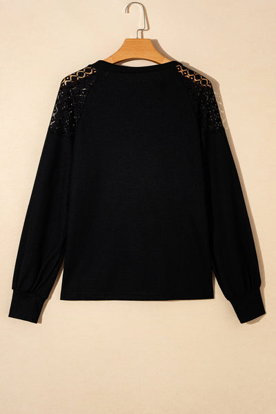 Black Lace Long Sleeve Textured Pullover-Tops-MomFashion