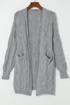 Gray Ribbed Trim Eyelet Cable Knit Cardigan-Tops-MomFashion