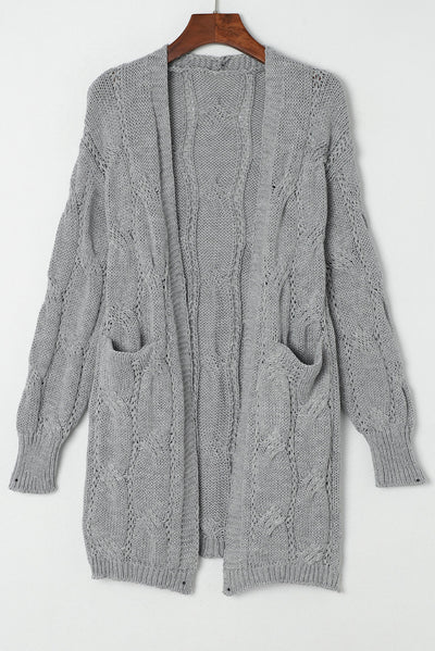 Gray Ribbed Trim Eyelet Cable Knit Cardigan-Tops-MomFashion