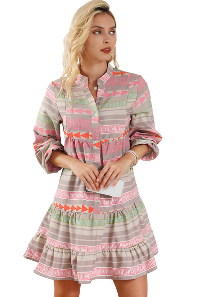 Multicolour Boho Print Puff Sleeve Buttoned Babydoll Dress-Dresses-MomFashion