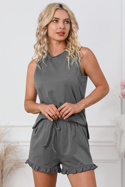 Dark Gray Crew Neck Tank and Drawstring Ruffled Shorts Lounge Set-Loungewear-MomFashion