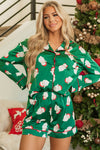 Green Christmas Santa Claus Print Satin Shirt and Shorts Set-Loungewear & Sleepwear/Sleepwear-MomFashion