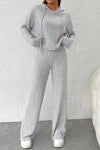 Gray Ribbed Knit Slouchy Hoodie Wide Leg Pants Set-Loungewear-MomFashion