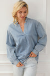 Sky Blue Split V-Neck Balloon Sleeve Ruched Denim Top-Tops-MomFashion