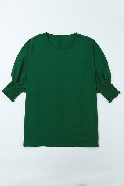 Green Smocked Wrist Shift Top-Tops-MomFashion