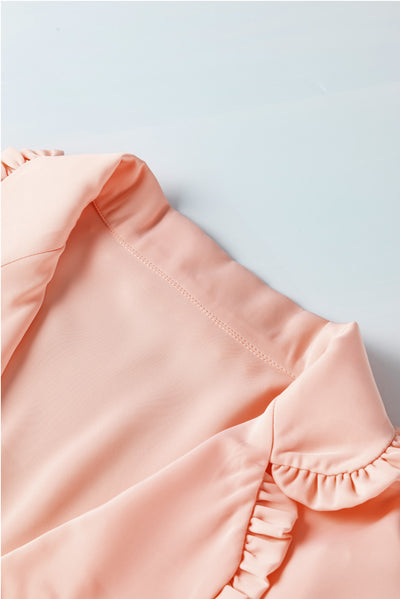 Pink Frilled Lapel Collar Button-Up Puff Sleeve Shirt-Tops-MomFashion