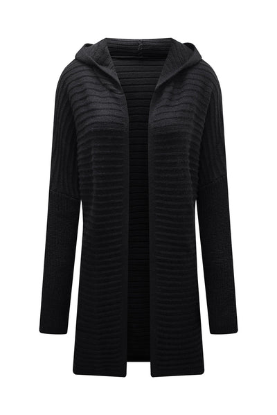 Black Horizontal Rib Knitted Open Front Hooded Cardigan-Tops-MomFashion