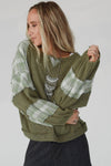 Green Plaid Patch Waffle Knit Exposed Seam Bubble Sleeve Top-Tops-MomFashion