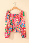 Multicolor Floral Print Smocked Square Neck Ruffles Blouse-Tops-MomFashion