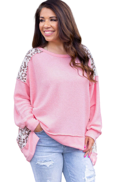 Pink Exposed Seam Leopard Splicing Plus Size Sweatshirt-Plus Size-MomFashion