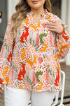 Orange Printed Floral Abstract Print Frilled V Neck Plus Size Blouse-Plus Size-MomFashion