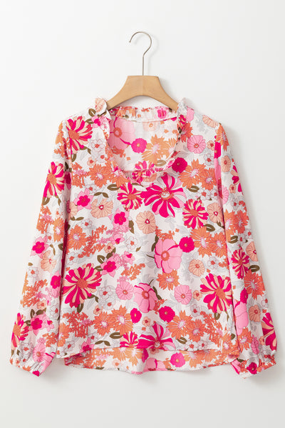 Bright White Floral Print Split V Neck Blouse-Tops-MomFashion