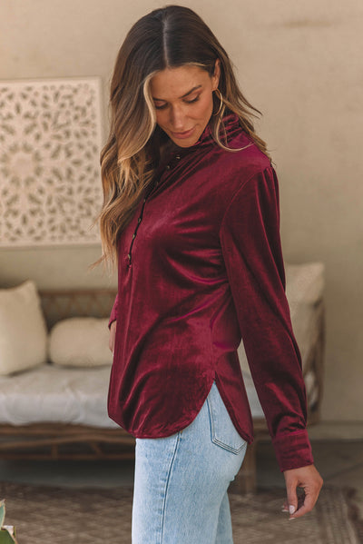 Burgundy Frilled Neck Buttoned Front Velvet Top-Tops-MomFashion