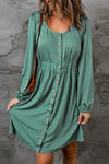 Green Button Up High Waist Long Sleeve Dress-Dresses-MomFashion