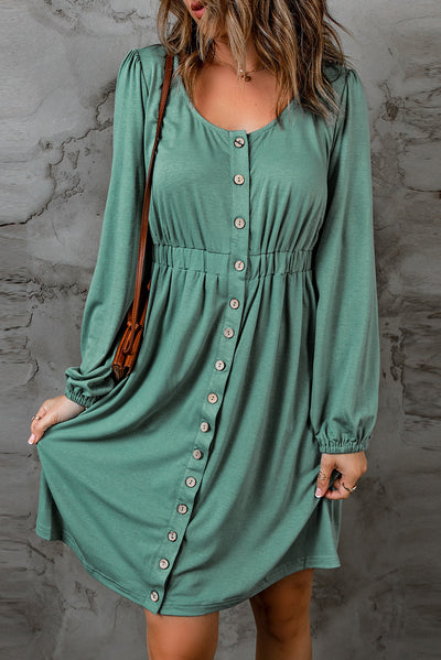 Green Button Up High Waist Long Sleeve Dress-Dresses-MomFashion