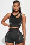 Black Strappy Mix Pattern Cutout Bra and Shorts Set-Activewear-MomFashion