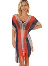 Multicolor Striped Tassel Crochet V Neck Beach Cover Up-Swimwear-MomFashion