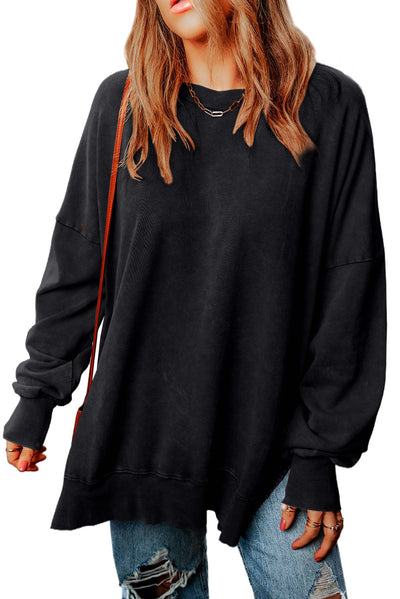 Black Drop Shoulder Ribbed Trim Oversized Sweatshirt-Tops-MomFashion