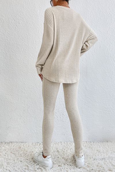 Apricot Ribbed Knit Loose Long Sleeve Top Skinny Pants Set-Loungewear-MomFashion