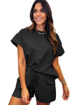 Black 2pcs Solid Textured Drawstring Shorts Set-Loungewear-MomFashion