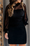 Black Dotted Mesh Striped Frilled Neck Bubble Sleeve Dress-Dresses-MomFashion