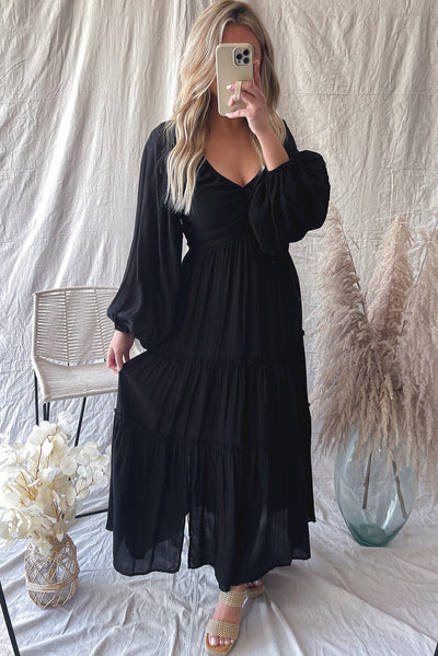 Black V Neck Bowknot Cutout Frill Tiered Maxi Dress-Dresses-MomFashion