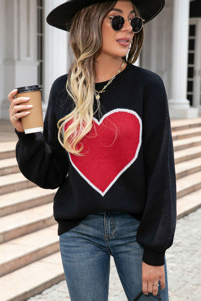 Black Heart Graphic Valentine Sweater-Tops-MomFashion