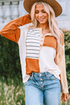 Orange Stripe Color Block Splicing Long Sleeve Henley Top-Tops-MomFashion