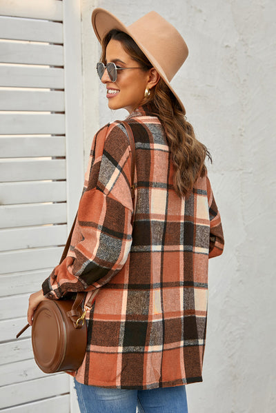 Orange Plaid Print Buttoned Shirt Jacket-Outerwear-MomFashion