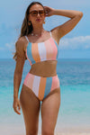 Orange Vertical Striped High Waist Bikini Swimsuit-Swimwear-MomFashion