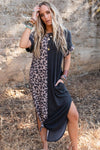 Black Contrast Solid Leopard Short Sleeve T-shirt Dress with Slits-Dresses-MomFashion