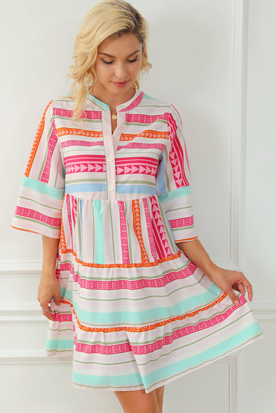 Multicolour Boho Geometric Print Bracelet Sleeve Buttoned Mini Dress-Dresses-MomFashion