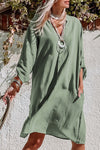 Green Roll-tab Sleeve Flowy Casual Dress-Dresses-MomFashion