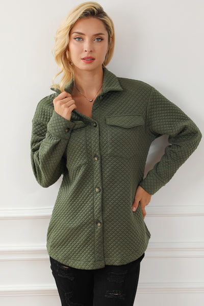 Green Retro Quilted Flap Pocket Button Shacket-Outerwear-MomFashion